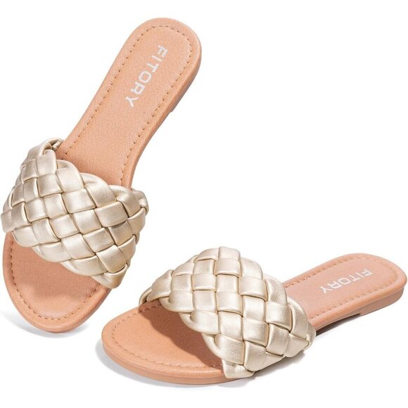 Shoes - Women's Gold Braided Strap Round Open Toe Slip On Slides Slippers Flat Sandals